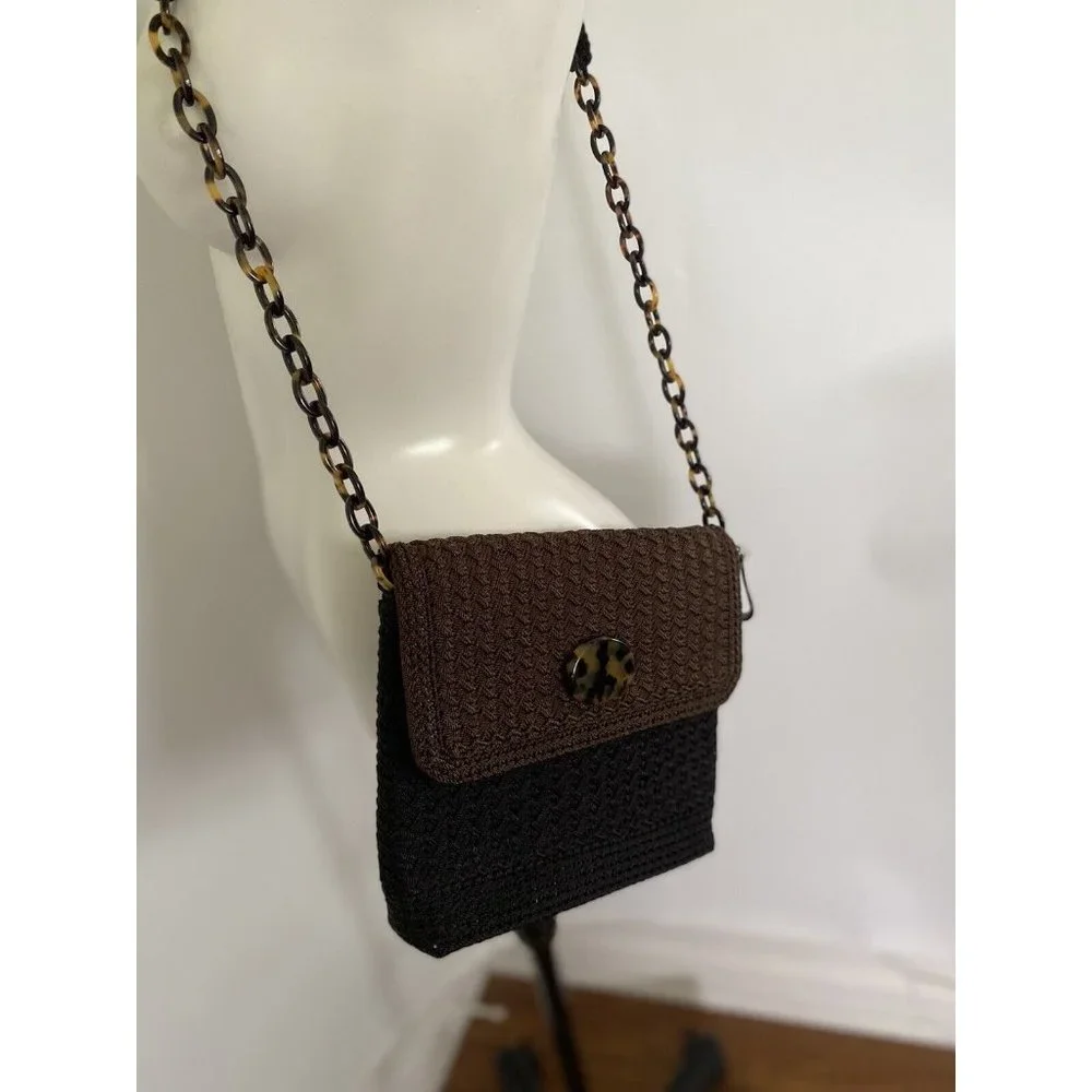 Christian Livingston Black Crochet Bag w Faux Tortoise Chain Strap Cross Body‎